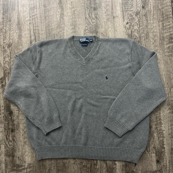 Vintage Polo Ralph Lauren V-Neck Sweater Preppy Embroidered Cotton Grey Pony - Picture 1 of 4